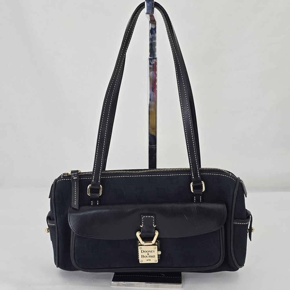 Vintage Dooney & Bourke Signature Black Jacquard/Leather Shoulder Bag Y2K